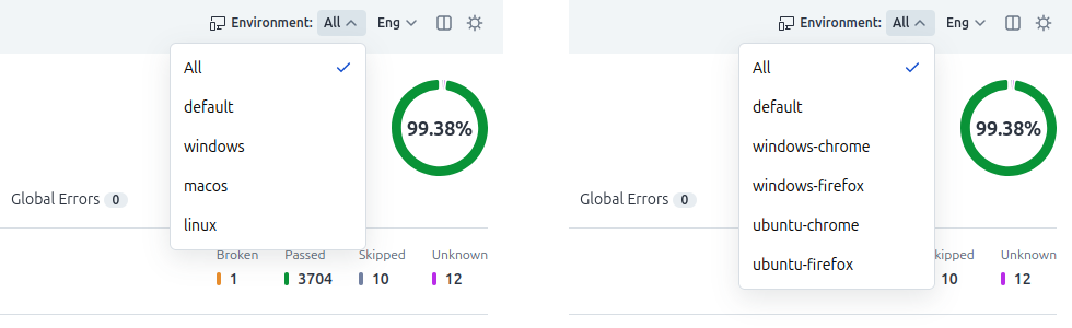 Allure Report 3 Environments menu Allure Report 3 Environments menu