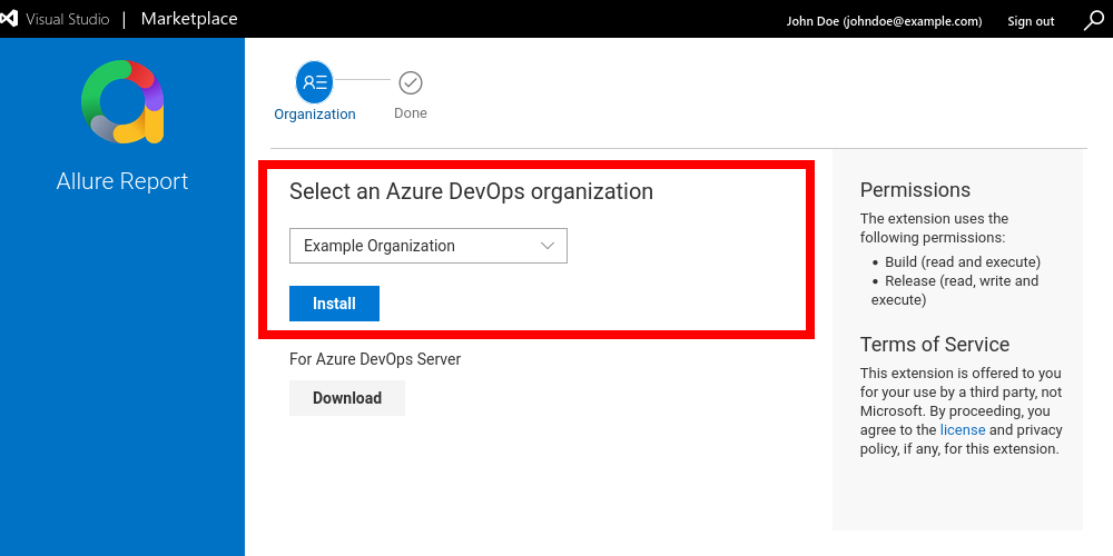 Selecting organization for the plugin installation