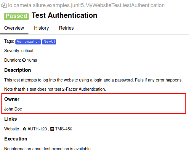 Allure Report owner Allure Report owner
